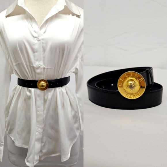 Celine Planet Belt In Navy Blue Leather and Gold Hardware Size 70 / 25 - Picture 1 of 14